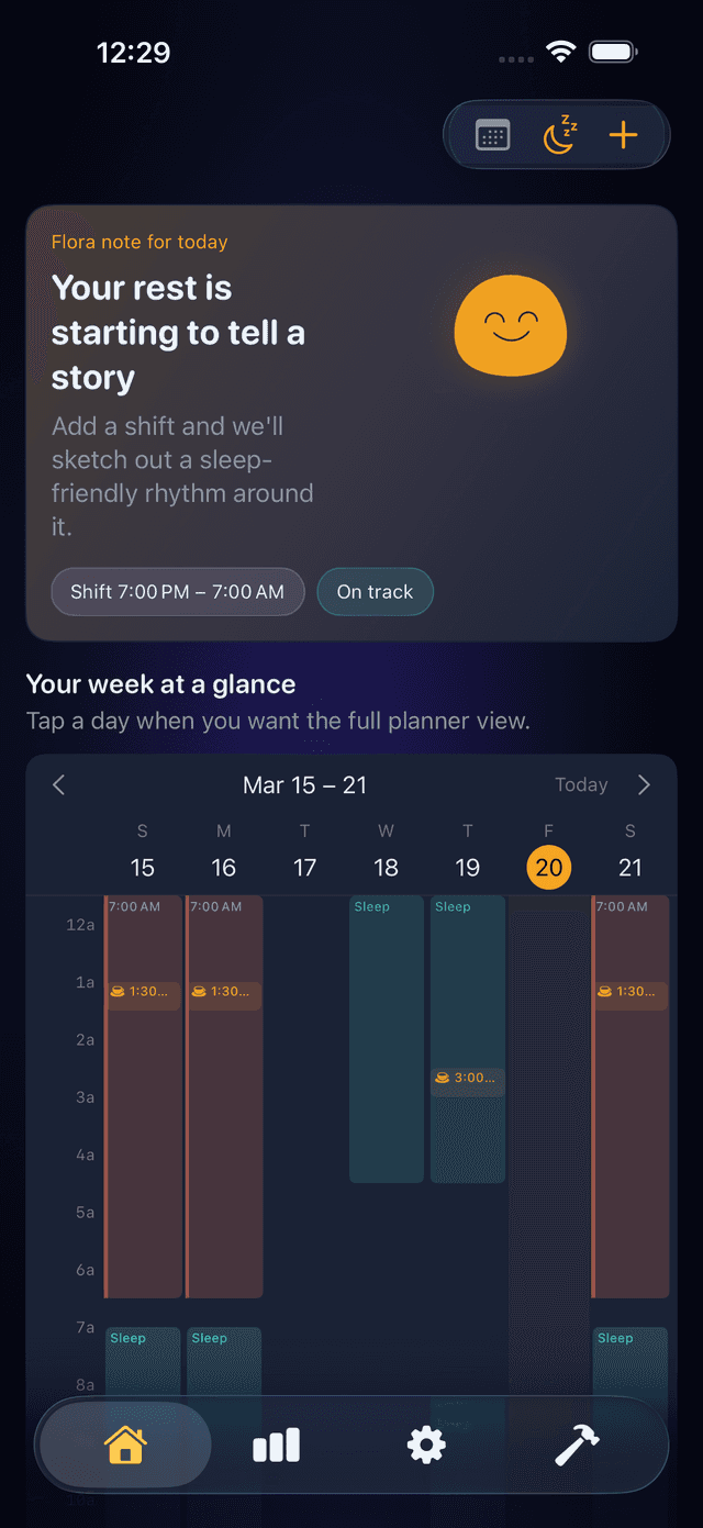 ShiftNight home screen with weekly timeline