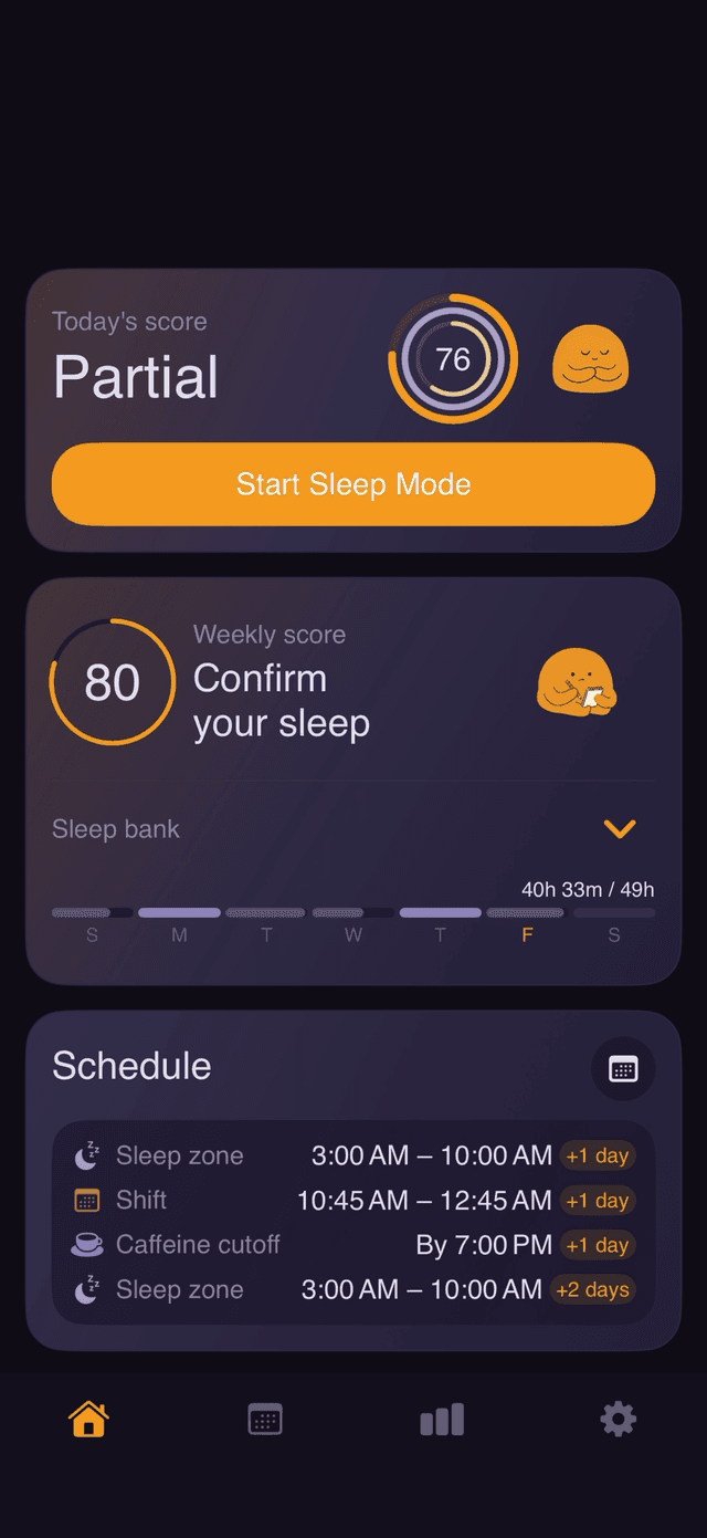 ShiftNight app home screen with your sleep plan and sleep scores