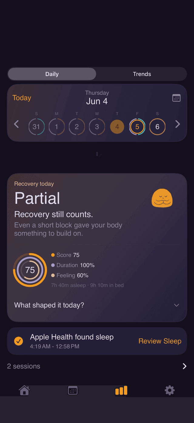 ShiftNight insights screen with the daily sleep score and recovery summary