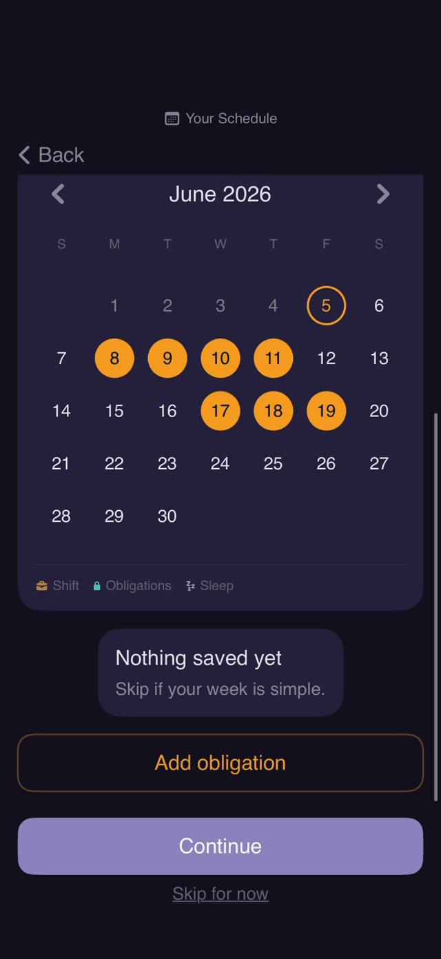 ShiftNight schedule setup calendar with shift days selected